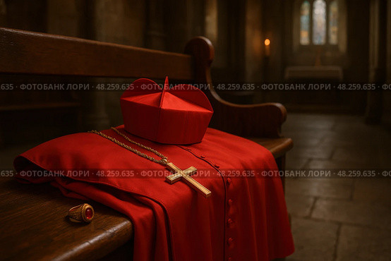 Cardinal attire on bench in historic church setting with red robe and cross. conclave. Стоковое AI-изображение, AI-художник Башкирова Анна / Фотобанк Лори