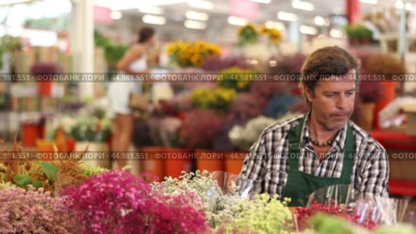 Careful middle-aged salesman holding bouquet of dry flowers in plants market. Стоковое видео, видеограф Яков Филимонов / Фотобанк Лори