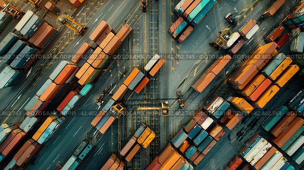 Cargo containers in the port, departing and arriving, organized and stacked in the port or at the shipyard in the bay. Стоковое AI-изображение, AI-художник Ярославский Максим / Фотобанк Лори