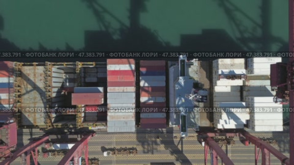 Cargo containers stacked during unloading at shipping dock. Стоковое видео, видеограф Михаил Коханчиков / Фотобанк Лори