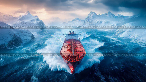 Cargo Voyage: A massive ship navigates icy waters beneath cloudy skies, dwarfed by snow-covered mountains. Стоковое AI-изображение, AI-художник Данила Большаков / Фотобанк Лори