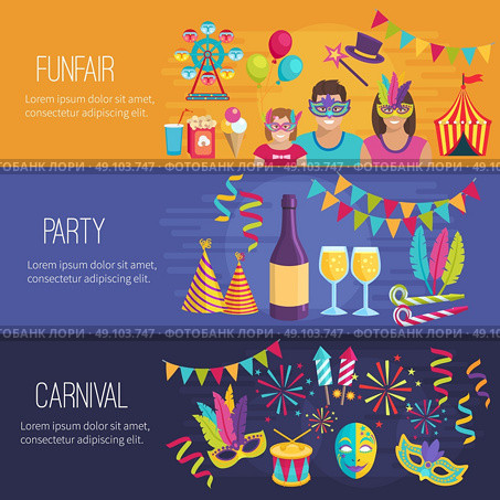 Carnival Flat Banners. Horizontal color flat banners depicting elements of carnival funfair party vector illustration. Стоковая иллюстрация, агентство Ingram Publishing / Фотобанк Лори
