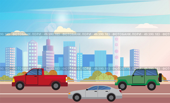 Cars on street vector, road with transportation of city. Cityscape with high buildings and skyscrapers, downtown vehicles with transports megapolis illustration in flat style design for web, print. Cityscape with Skyscrapers and Buildings Cars. Стоковая иллюстрация, агентство Ingram Publishing / Фотобанк Лори