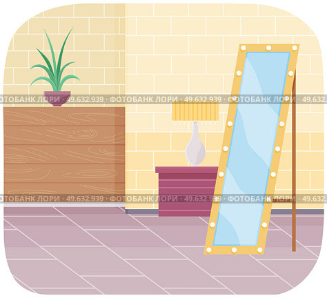 Cartoon background of living room with window, potted plant on windowsill, floor mirror. Indoor furniture design, modern home interior. Arrangement of furniture and layout of premises in apartment. Cartoon background of female living room with window, potted plant on windowsill, floor mirror. Стоковая иллюстрация, агентство Ingram Publishing / Фотобанк Лори