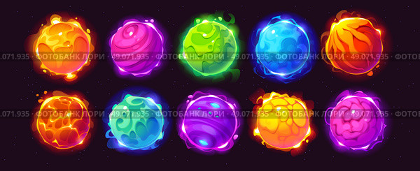 Cartoon glowing alien space planets of galaxy game. Стоковая иллюстрация, иллюстратор VectorTradition / Фотобанк Лори