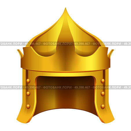 Cartoon gold king crown in form of durable helmet with cone top isolated on white background. Medieval accessory vector illustration.. Cartoon Gold King Crown Isolated Illustration. Стоковая иллюстрация, агентство Ingram Publishing / Фотобанк Лори