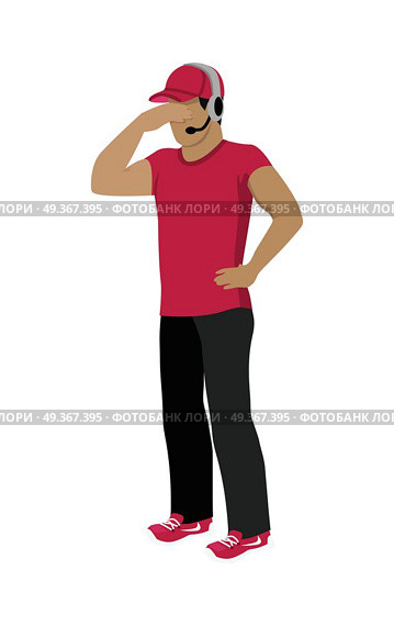 Cartoon Icon Referee in Red and Black Uniform. Cartoon soccer referee in black and red uniform and red hat rising hand. Speaking into lip-ribbon microphone. Main referee. Judging the competition. Football match. Flat referee icon. Football logo. Стоковая иллюстрация, агентство Ingram Publishing / Фотобанк Лори