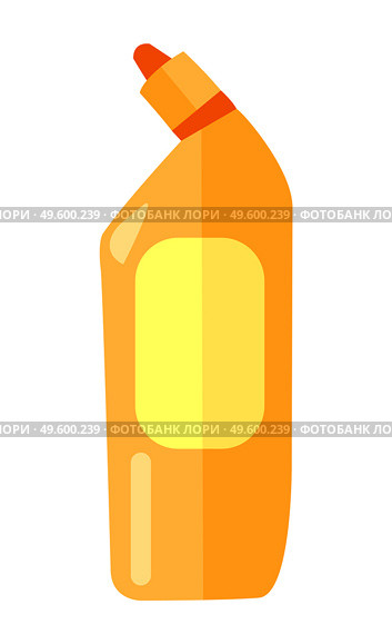 Cartoon rectangular orange plastic bottle with a red dispenser. Toilet cleaner liquid with a yellow oval label. Clean at home, washing , cleaning agent. Flat vector illustration on white background. Orange plastic bottle for toilet cleaner. Plastic container for storing liquids. House cleaning. Стоковая иллюстрация, агентство Ingram Publishing / Фотобанк Лори
