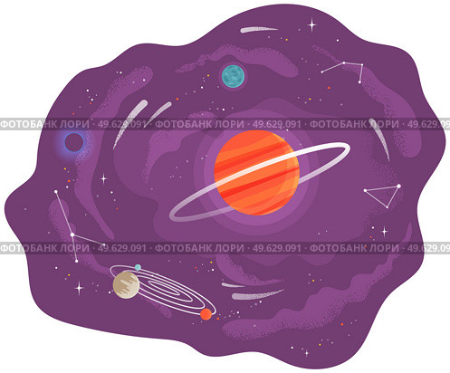 Cartoon red fantastic planet on lilac space background with flying meteorites and comets. Satellites and stars circle around planet in Solar system cartoon cosmic astronomic object in outer space. Solar system of planets, vector illustration with large and small celestial bodies flying in space. Стоковая иллюстрация, агентство Ingram Publishing / Фотобанк Лори