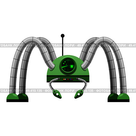 Cartoon robot that looks like spider with radar, big antenna and buttons isolated vector illustration on white background.. Cartoon Spidery Green Robot Isolated Illustration. Стоковая иллюстрация, агентство Ingram Publishing / Фотобанк Лори