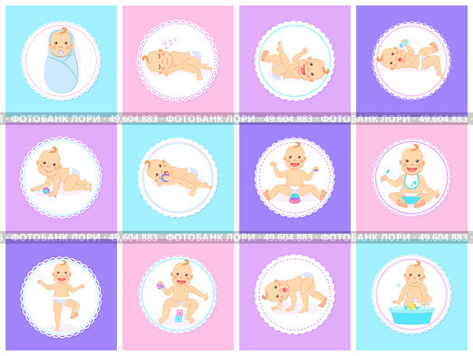 Cartoon set with cute little babies in diaper. Happy toddler plays with toy, birthday of baby, child learning to walk, baby smiling, child sits on potty, toddler crawling on the floor. Little kid. Cartoon Set with Cute Little Babies in Diaper. Стоковая иллюстрация, агентство Ingram Publishing / Фотобанк Лори