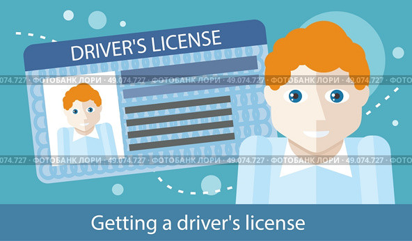 Cartoons Man with Driver License. Cartoons man with driver license modern car and road. Driver license identification card. International plastic driver licence. Vector driver license. Identification concept. Flat cartoon design. Стоковая иллюстрация, агентство Ingram Publishing / Фотобанк Лори