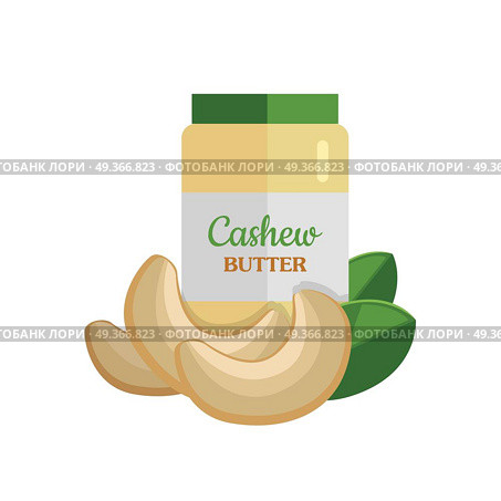 Cashew butter and nuts vector. Flat design. Healthy food, diet and cosmetic products. Seasoning. Culinary ingredient,  source of protein, vitamins, fatty acids. Isolated on white background. . Cashew Butter Vector Illustration in Flat Design.  . Cashew Butter Vector Illustration in Flat Design.  . Стоковая иллюстрация, агентство Ingram Publishing / Фотобанк Лори