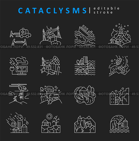Cataclysms and natural disasters. Vector icon and logo. Editable outline stroke size. Line flat contour, thin and linear design. Simple icons. Concept illustration. Sign, symbol, element.. Cataclysms and natural disasters. Vector icon and logo. Editable outline stroke size. Line flat contour. Стоковая иллюстрация, агентство Ingram Publishing / Фотобанк Лори