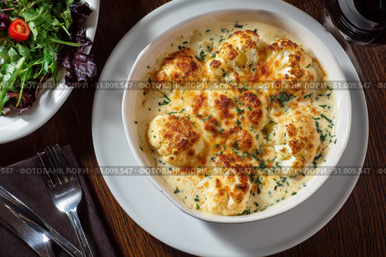 Cauliflower creamy soup with baked cauliflower florets on the top in a white bowl on a dark wood tabletop. Restaurant style dish. Hot, delicious plate of cream-of-cauliflower soup with melted cheese. Стоковое AI-изображение, AI-художник Марина Демидюк / Фотобанк Лори