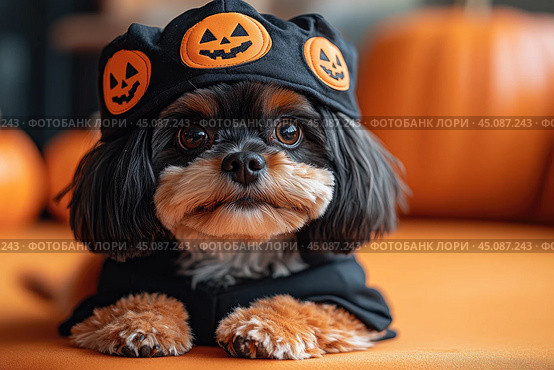 Cavalier King Charles Spaniel dog in Halloween witch hat on orange background, concept of festive pet costume, celebration industry, dog lovers. Стоковое AI-изображение, AI-художник Ирина Михайличенко / Фотобанк Лори