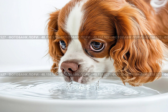 Cavalier King Charles Spaniel drinking water indoors. Милый кавалер кинг чарльз спаниель склонился над миской, осторожно потягивая воду. Выразительные глаза и мягкая шерсть собаки привлекают внимание в этом ярком помещении. Стоковое AI-изображение, AI-художник Katsiaryna Repich / Фотобанк Лори
