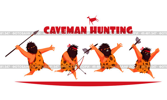 Caveman hunting design concept with primitive men holding various type of ancient weapon cartoon vector illustration. Caveman Hunting Design Concept. Стоковая иллюстрация, агентство Ingram Publishing / Фотобанк Лори
