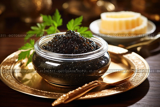 Cavia Bowl on Gold Plate with Spoon. Стоковое AI-изображение, AI-художник Поликарпов Владимир Владимирович / Фотобанк Лори