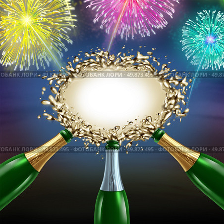 Celebrating message with uncorked exploding champagne bottles splashing sparkling wine into the center as a shape of a blank sign with fireworks for an important happy fun celebration communication. Стоковое фото, агентство Ingram Publishing / Фотобанк Лори