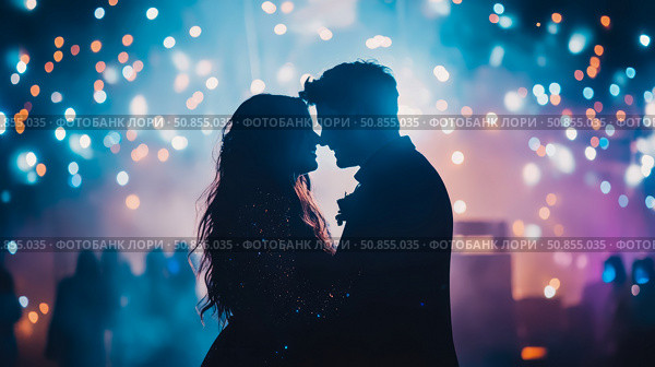 Celebration: Romantic silhouette of couple embraces at a festive New Year's Eve party with glittering lights and crowds in the misty night. Стоковое AI-изображение, AI-художник Данила Большаков / Фотобанк Лори