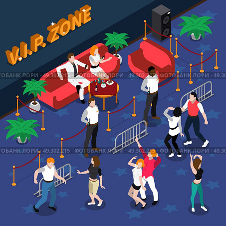 Celebrities In Nightclub Isometric Illustration. Celebrities on red sofa at vip zone with guards near dance floor in nightclub isometric vector illustration. Стоковая иллюстрация, агентство Ingram Publishing / Фотобанк Лори