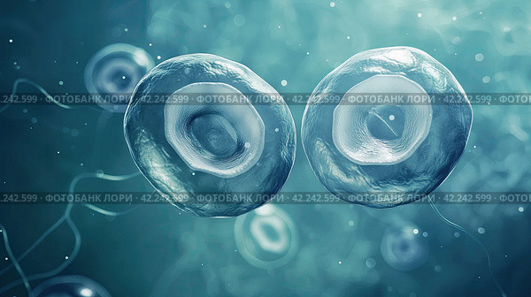 Cell division process, micro. Стоковое AI-изображение, AI-художник Кирилл Черезов / Фотобанк Лори
