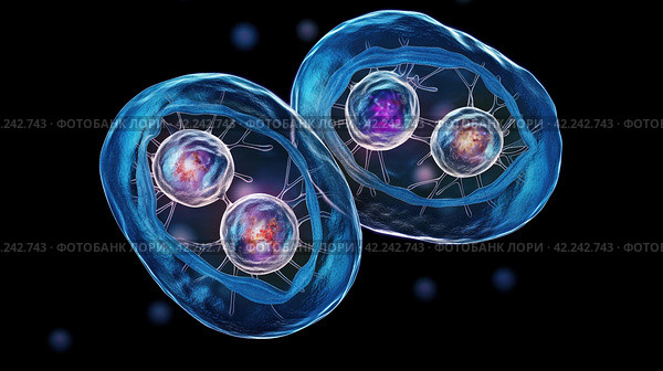 Cell division process, micro. Стоковое AI-изображение, AI-художник Кирилл Черезов / Фотобанк Лори