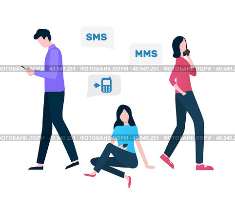 Cellular communication vector, woman and man using innovative gadgets and services, sms and MMS person with mobile phone online talks conversations. Cellular Communication Sms and MMS Services Vector. Стоковая иллюстрация, агентство Ingram Publishing / Фотобанк Лори