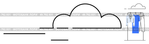 Central cloud outline connected to a clothing rack holding various garments. Ideal for tech, fashion, organization, data storage, digitalization, accessibility, creativity. Line metaphor. Cloud Storage Concept with Clothing Rack Visual Metaphor for Organization and Accessibility. Стоковая иллюстрация, агентство Ingram Publishing / Фотобанк Лори