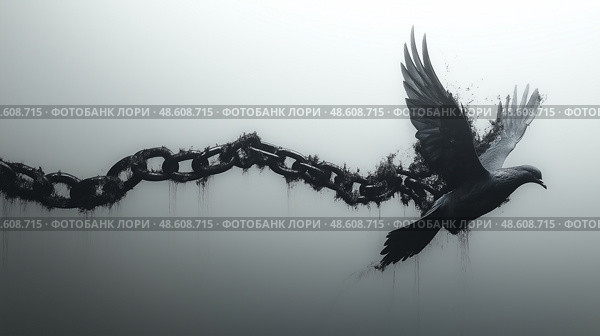 Chains breaking as a bird soars into a new beginning. Птица грациозно взлетает вверх, освобождаясь от цепи, символизирующей ограничение. Темные цвета подчеркивают контраст между свободой и ограничением в этом произведении искусства. Стоковое AI-изображение, AI-художник Katsiaryna Repich / Фотобанк Лори