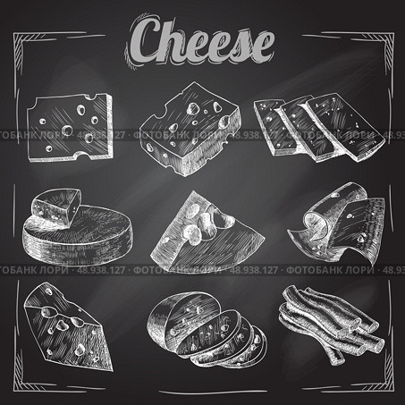 Chalk board cut sliced cheese assortment decorative icons set vector illustration. Стоковая иллюстрация, агентство Ingram Publishing / Фотобанк Лори