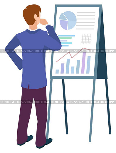 Challenge for businessman at work, isolated man confused scratching chin. Flat style character with whiteboard and stats with information data. Vector illustration in flat cartoon style. Businessman Thinking on Given Result Board Vector. Стоковая иллюстрация, агентство Ingram Publishing / Фотобанк Лори