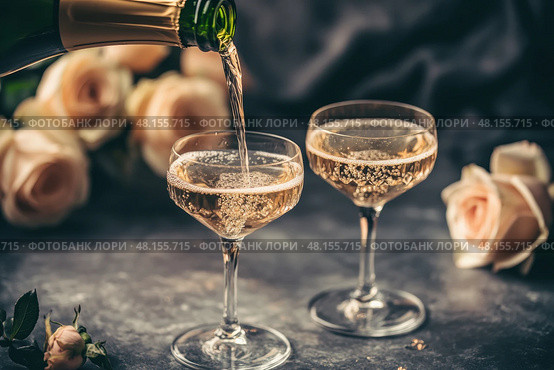 Champagne and red pink roses on a black concrete background. Copy space for text. Valentines drinks for for a pair of lovers. Bartender pours prosecco sparkling wine into glasses. Romance. Wedding Day. Стоковое AI-изображение, AI-художник Марина Демидюк / Фотобанк Лори