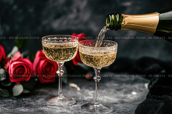 Champagne and red pink roses on a black concrete background. Copy space for text. Valentines drinks for for a pair of lovers. Bartender pours prosecco sparkling wine into glasses. Romance. Wedding Day. Стоковое AI-изображение, AI-художник Марина Демидюк / Фотобанк Лори