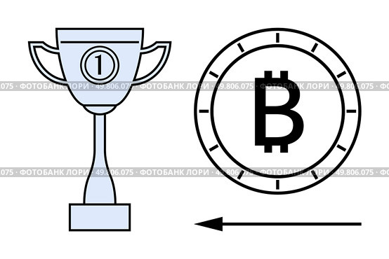 Champion trophy beside Bitcoin symbol with an arrow pointing left. Ideal for financial success, achievement, cryptocurrency, investment, digital currency, blockchain technology, motivation. Line. Champion trophy and Bitcoin symbol with directional arrow representing achievement in cryptocurrency. Стоковая иллюстрация, агентство Ingram Publishing / Фотобанк Лори