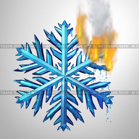 Changing climate concept as a frozen ice crystal snowflake melting and burning in flames as an environmental metaphor for changing weather temerature or global greenhouse effect as a 3D illustration. Стоковое фото, агентство Ingram Publishing / Фотобанк Лори