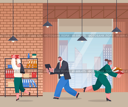 Chaos in office, unorganized office workers in panic, people stressing, solving difficulties, problems, workers and failure deadline, woman with folders running, man with digital tablet, taking box. Chaos in office, unorganized office workers in panic, people stressing, solving difficulties running. Стоковая иллюстрация, агентство Ingram Publishing / Фотобанк Лори