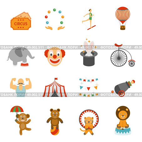 Chapito circus icons set flat . Travelling chapiteau tent magic performance flat icons set with clown and circus animals abstract isolated vector illustration. Стоковая иллюстрация, агентство Ingram Publishing / Фотобанк Лори