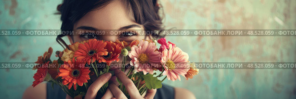 Charming woman standing and holding a bunch of colorful flowers in front of her face. Стоковое AI-изображение, AI-художник Данила Большаков / Фотобанк Лори
