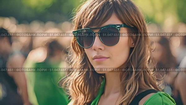 Charming woman wearing sunglasses confidently stands in front of a large, attentive crowd. Стоковое AI-видео, аниматор Данила Большаков / Фотобанк Лори