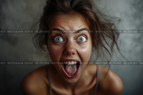 Charming woman with her mouth wide open, making a comical expression. Стоковое AI-изображение, AI-художник Данила Большаков / Фотобанк Лори