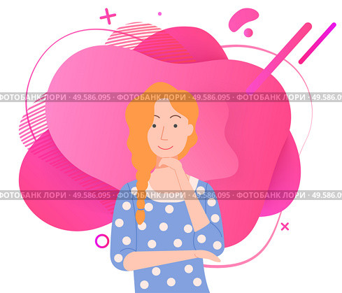 Charming young woman with ginger braid on one side touching her chin while posing. Red haired girl and abstract pink circles background vector illustration. Young Woman Posing Touching Chin Vector Image. Стоковая иллюстрация, агентство Ingram Publishing / Фотобанк Лори