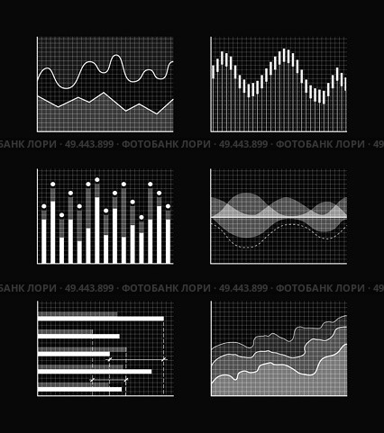 Charts with business information, colorless charts collection with graphs, waves and interface, data representation vector illustration isolated on black. Charts with Business Information, Colorless Set. Стоковая иллюстрация, агентство Ingram Publishing / Фотобанк Лори