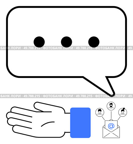 Chat bubble with ellipsis, hand gesture, email envelope with connected user icons. Ideal for digital communication, social media, customer service, messaging apps, user interaction networking. Line. Digital Communication Concept with Chat Bubble, Hand Gesture and Email Connected to Users. Стоковая иллюстрация, агентство Ingram Publishing / Фотобанк Лори