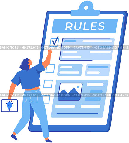 Checklist complete business concept. Woman near giant clipboard, task done and check mark ticks. Businesswoman checks document with rules. Form with survey, paper sheet with results of review. Woman near giant clipboard, task done and check mark ticks. Businesswoman checks document with rules. Стоковая иллюстрация, агентство Ingram Publishing / Фотобанк Лори