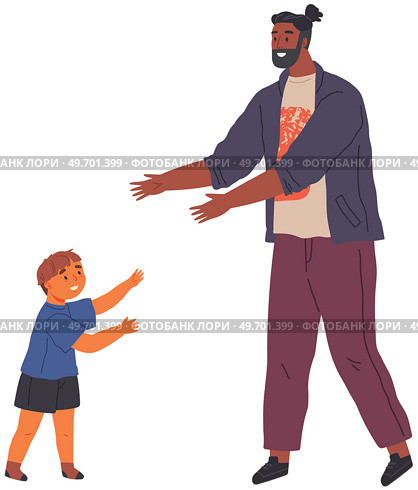 Cheerful smiling laughing father and son walking together, man talking to little boy. Child stretched out his hands forward asks dad to take him in arms. Happy family child care and parenting. Cheerful smiling laughing father and son walking together, man talking to little boy, child care. Стоковая иллюстрация, агентство Ingram Publishing / Фотобанк Лори
