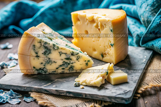 Cheese with mold, a slice of cheese with mold door blue or Roquefort on a cutting board. Delicious food. Стоковое AI-изображение, AI-художник Photojuli / Фотобанк Лори