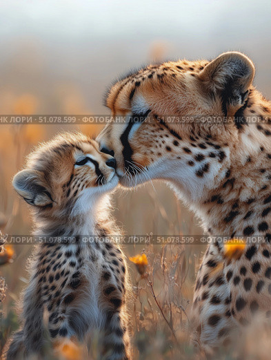 Cheetah mother and cub sharing a tender moment. Стоковое AI-изображение, AI-художник Татьяна  Бральнина / Фотобанк Лори