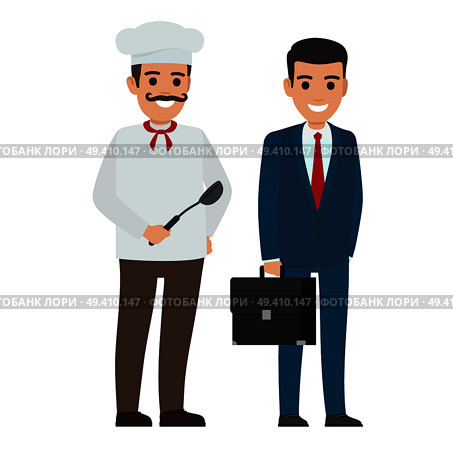Chef food in uniform and manager in business suit. Whiskered person holds dark ladle and businessman with briefcase vector illustration. Set of Chef Food and Manager. Smiling Persons. Стоковая иллюстрация, агентство Ingram Publishing / Фотобанк Лори